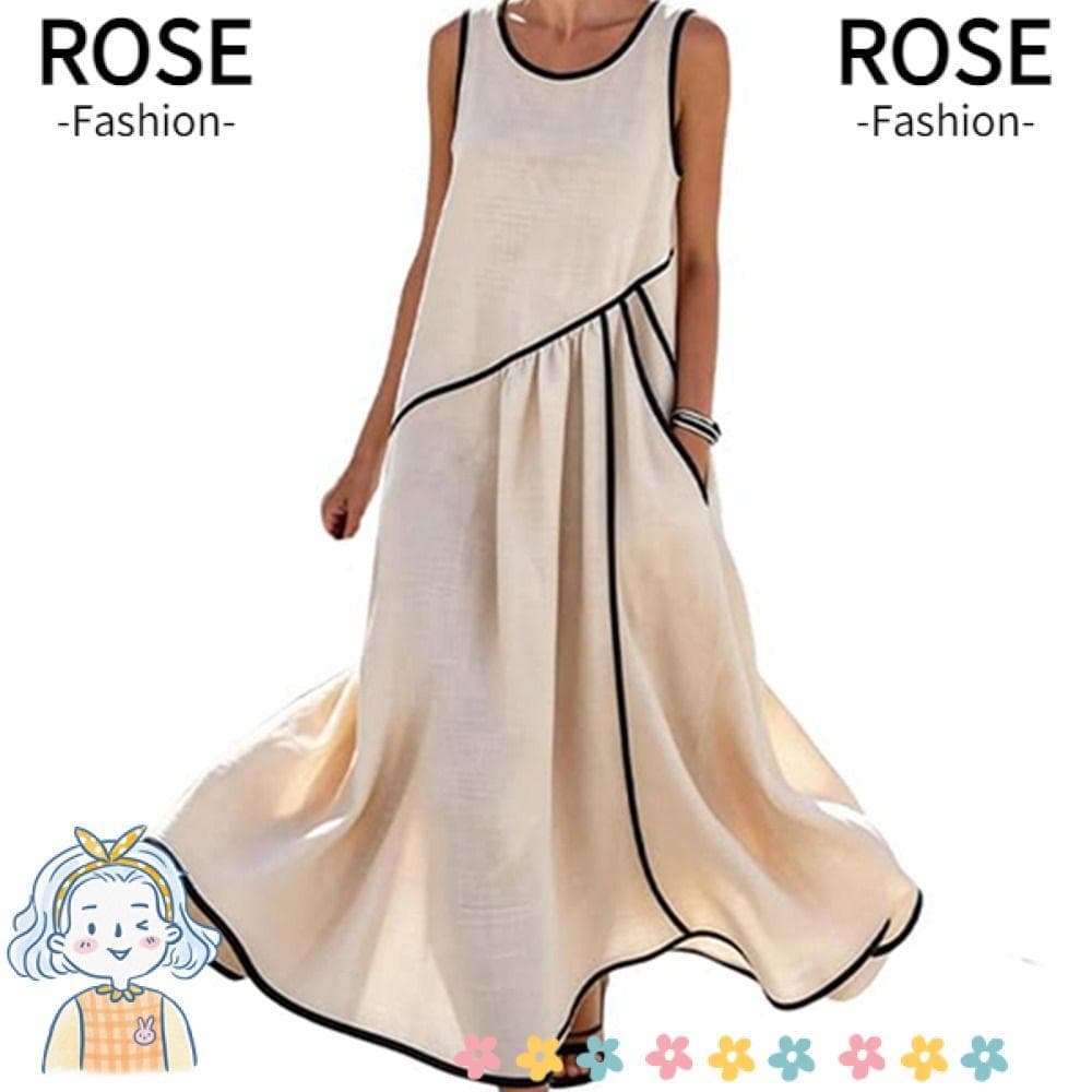 ROSEGOODS Vestidos Femininos Listrados , Vestido Midi De Damasco Com Decote Em V , Sem Manga Bolsos