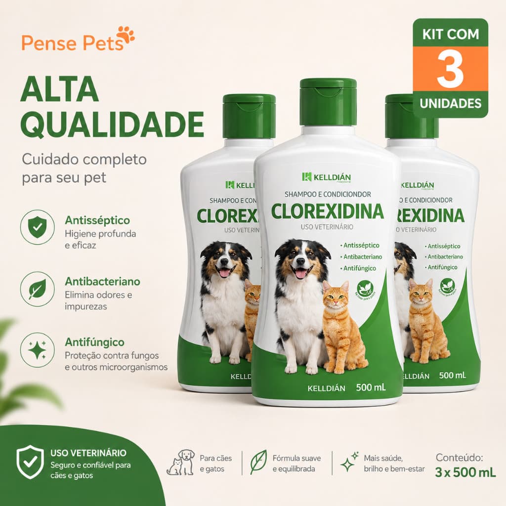 Kit com 3 Unidades Shampoo Kelldrin 500ml shampoo e condicionador com clorexidina cachorros ou gatos