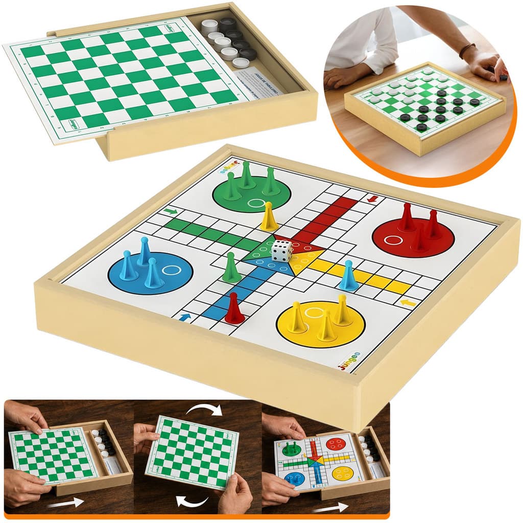 Jogo de Damas e Ludo 2 em 1 Tabuleiro Reversível Madeira MDF Estojo Peças Dado Família Junges