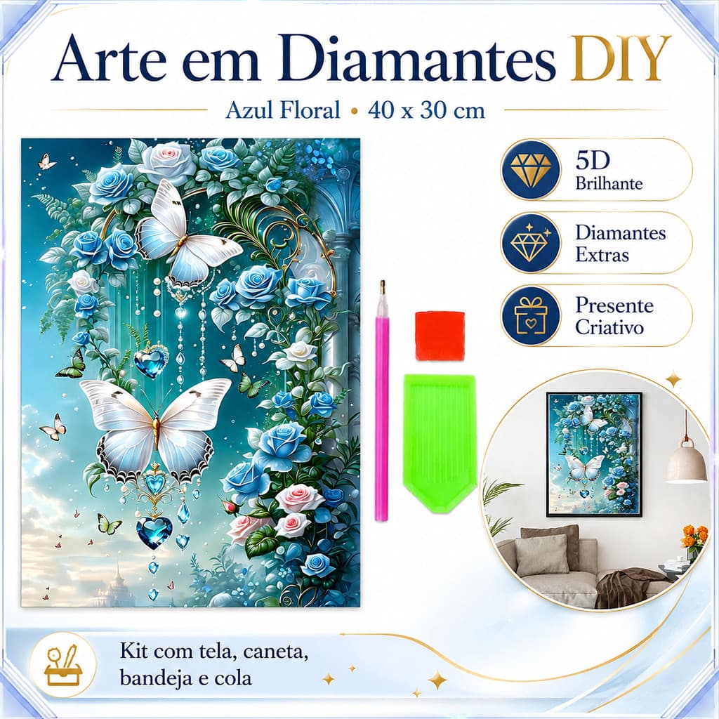 Kit Pintura Diamante 5D DIY Borboletas e Flores Azuis 40x30cm Decoração Parede