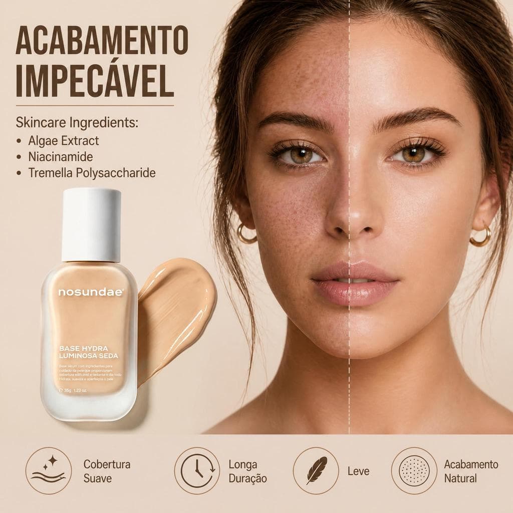 NOSUNDAE Base Líquida Hydra Luminous Silk Hidratante, Cobertura Construível, Acabamento Natural Luminoso, 3 Tons