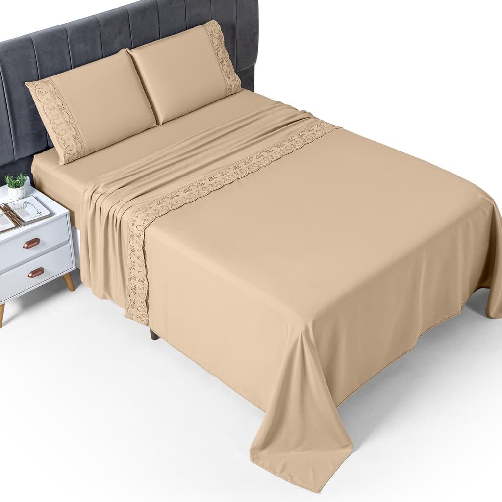 Jogo Lençol Bordado Inglês 400 Fios Micropercal Solteiro Casal Queen King com Elástico Lençol Superior Fronhas Elegantes