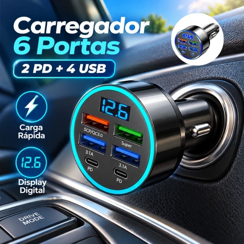 Carregador Veicular 6 Portas 2PD 4USB 3.1A Com Display Digital Carregamento Rápido Para Múltiplos Dispositivos