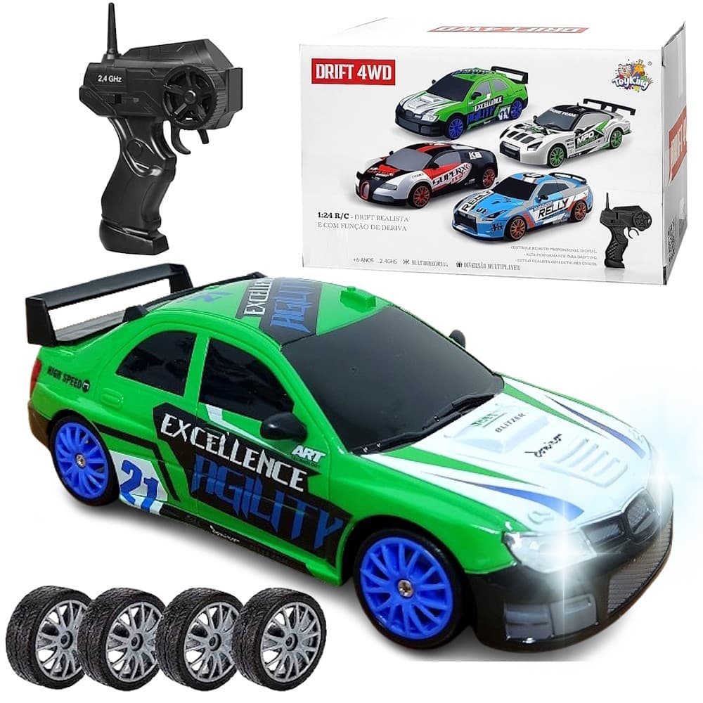 Carrinho 4x4 Super Drift Recarregável Rodas Extras Veloz com Farol Subaru Impreza