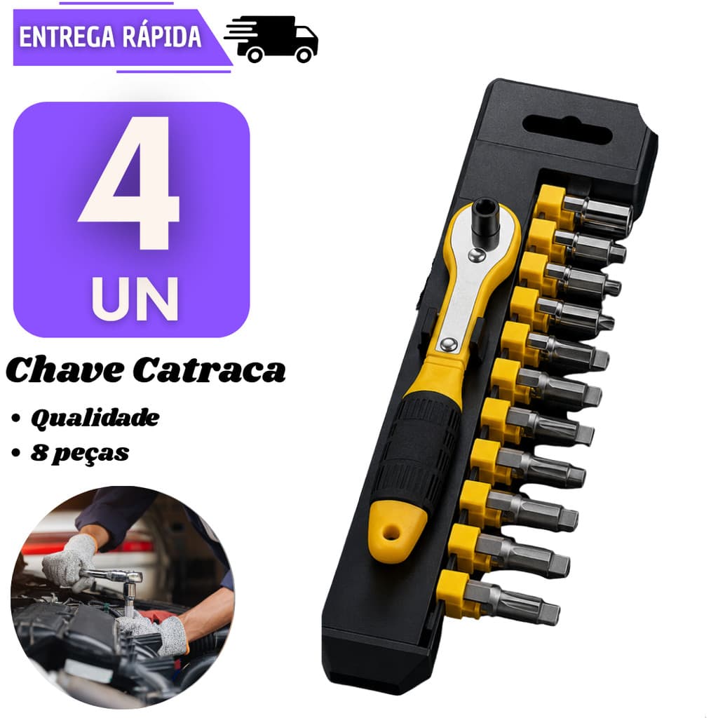 Jogo 4 Chave Catraca 19 Peças Com Soquetes E Bits Multiuso Sextavados Ferramenta Canhão Manutenção Aperto Mecânico