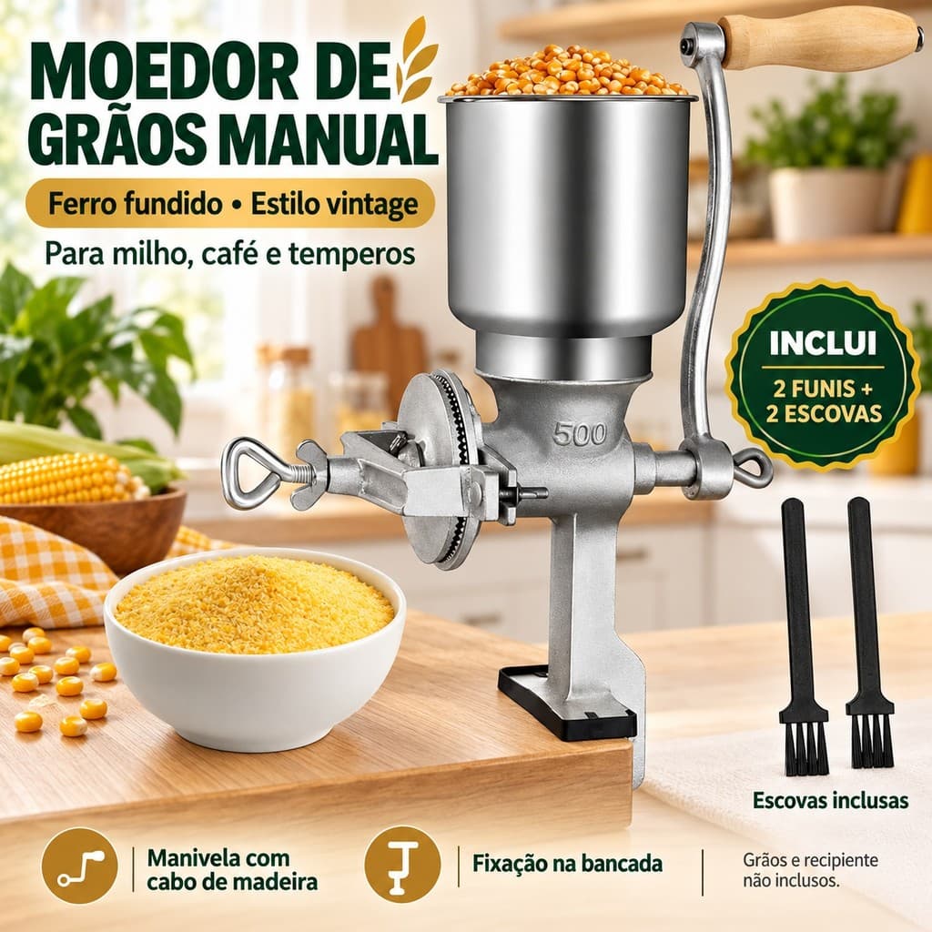 Moedor de Grãos Manual Ferro Fundido para Milho Café e Temperos com 2 Funis 2 Escovas Moinho de Bancada Design Vintage