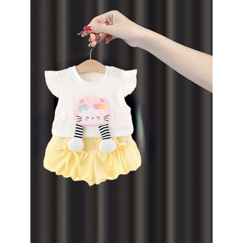 Terno de menina de um ano de idade verão estilo fino roupas de bebê dividir manga curta terno de duas peças menina roupa