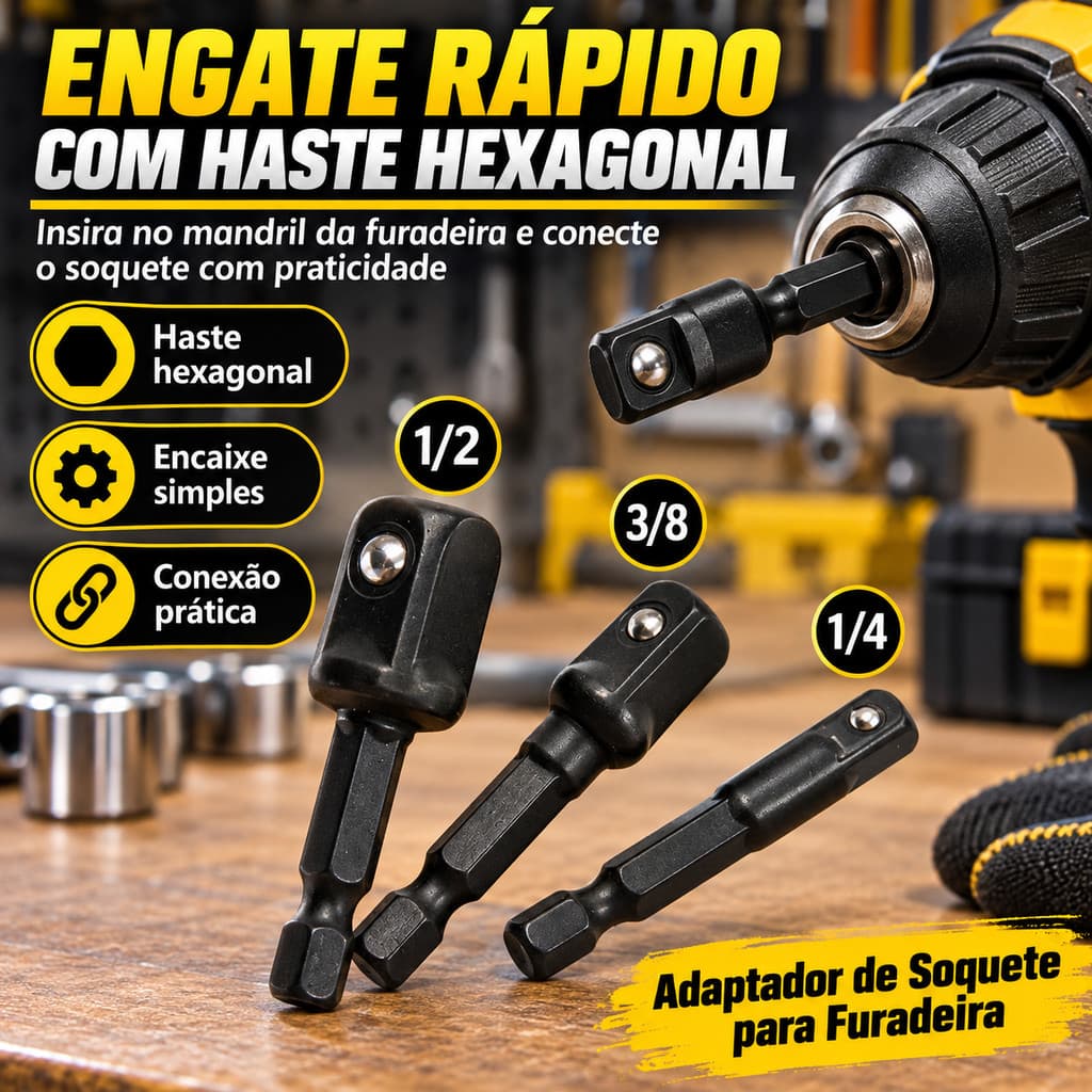 Adaptador Soquete Parafusadeira Kit 3 Peças com Hastes 1/4 3/8 1/2 para Furadeira Catraca Chave de Impacto Profissional