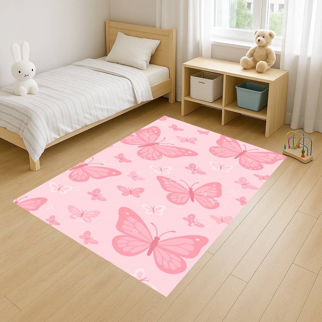 Tapete Retangular 100x140 Antiderrapante Infantil Baby Meninas Campo Quarto Sala Decoração Flores Borboleta Kids