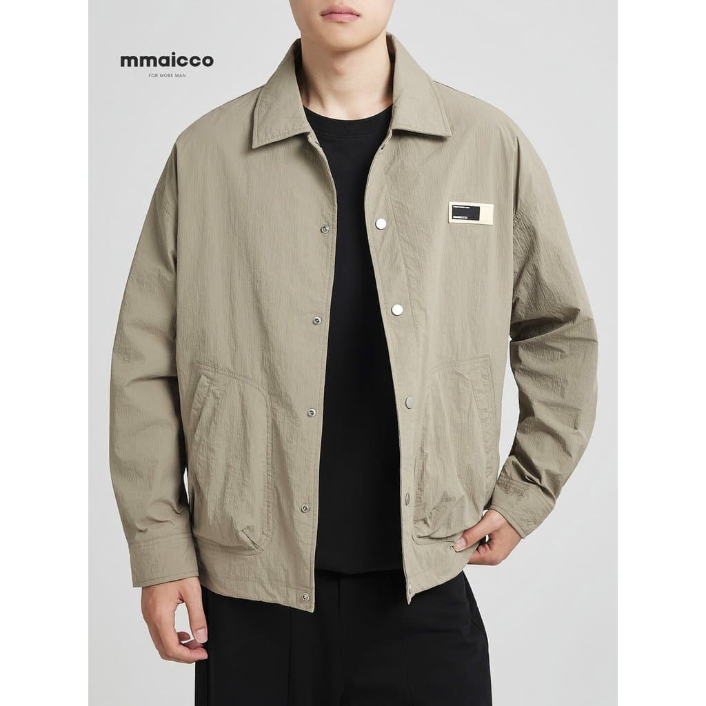 Momaike roupas masculinas bolha tira Crinkle jaqueta Casual masculina 2025 outono novo estilo lapela jaqueta de carga ma