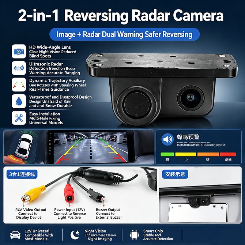 Câmera De Ré Para Carro Dois Em Um , Com Radar CVBS HD , Visão Traseira Noturna , Imagem Reversa , Assistência De Estaci