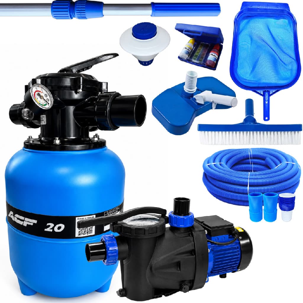 Kit Filtro Piscina ACF20 Válvula Fluidra + Bomba Brustec 1/3 CV + Kit Limpeza Completo
