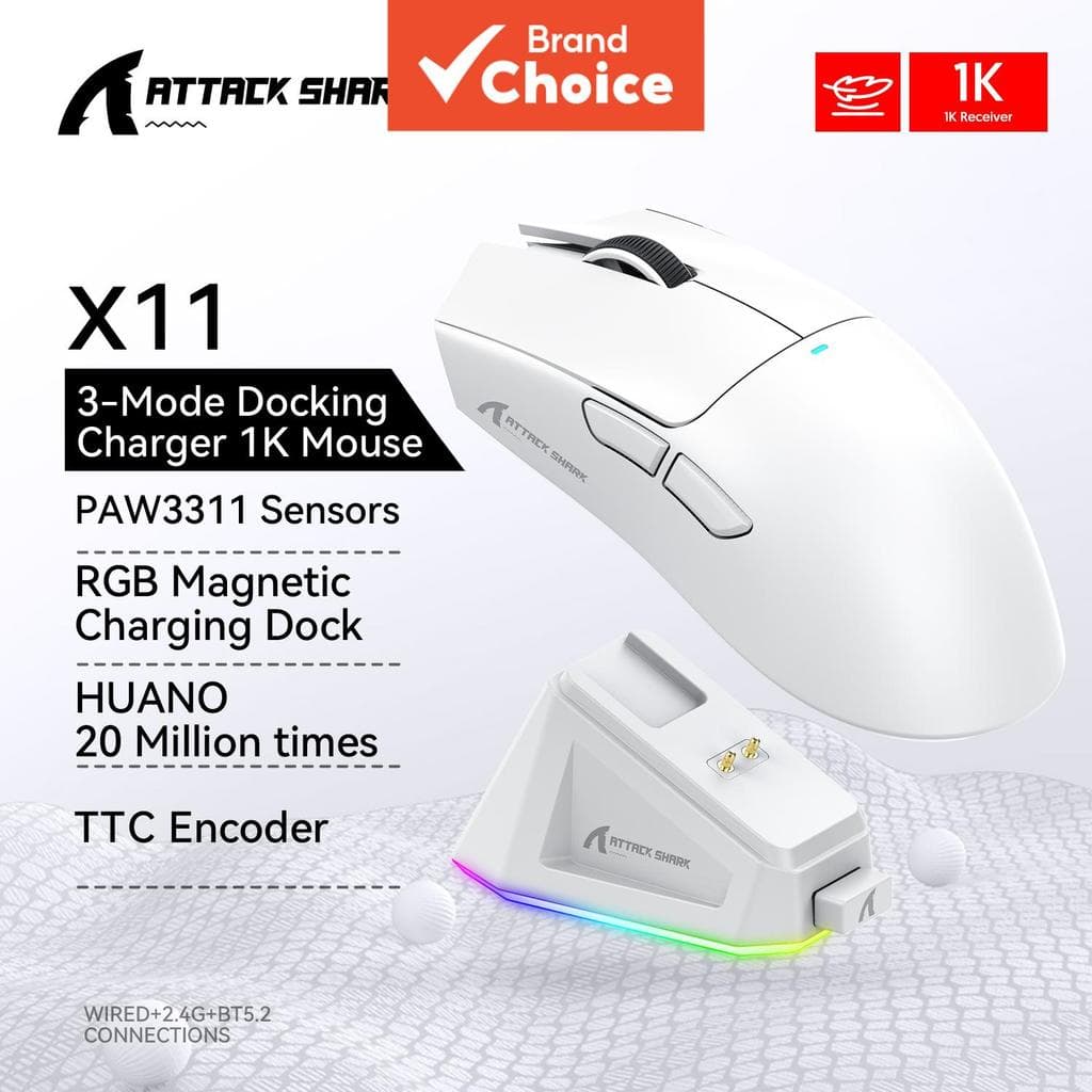 Mouse Attack Shark X11 com design leve PAW3311 para jogos eletrônicos, mouse sem fio tri-modo, com RGB na base - 1