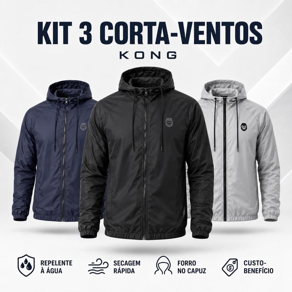 Kit 3 Jaquetas Corta Vento Kong Masculina com Capuz Repelente à Água e Bolsos Laterais