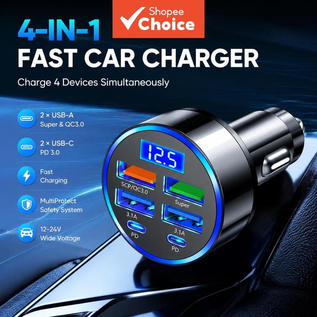 2026 PD Carregador Veicular QC3.0 Carregamento Rápido 1 para 6 Carregador Veicular Flash Charge com Display Digital