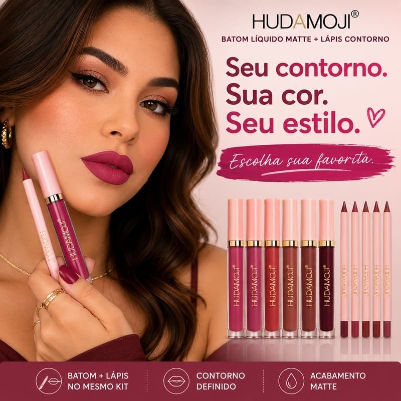 Kit Batom Líquido Matte + Lápis Contorno Labial Hudamoji 2 em 1 6 Cores | Maquiagem Beleza