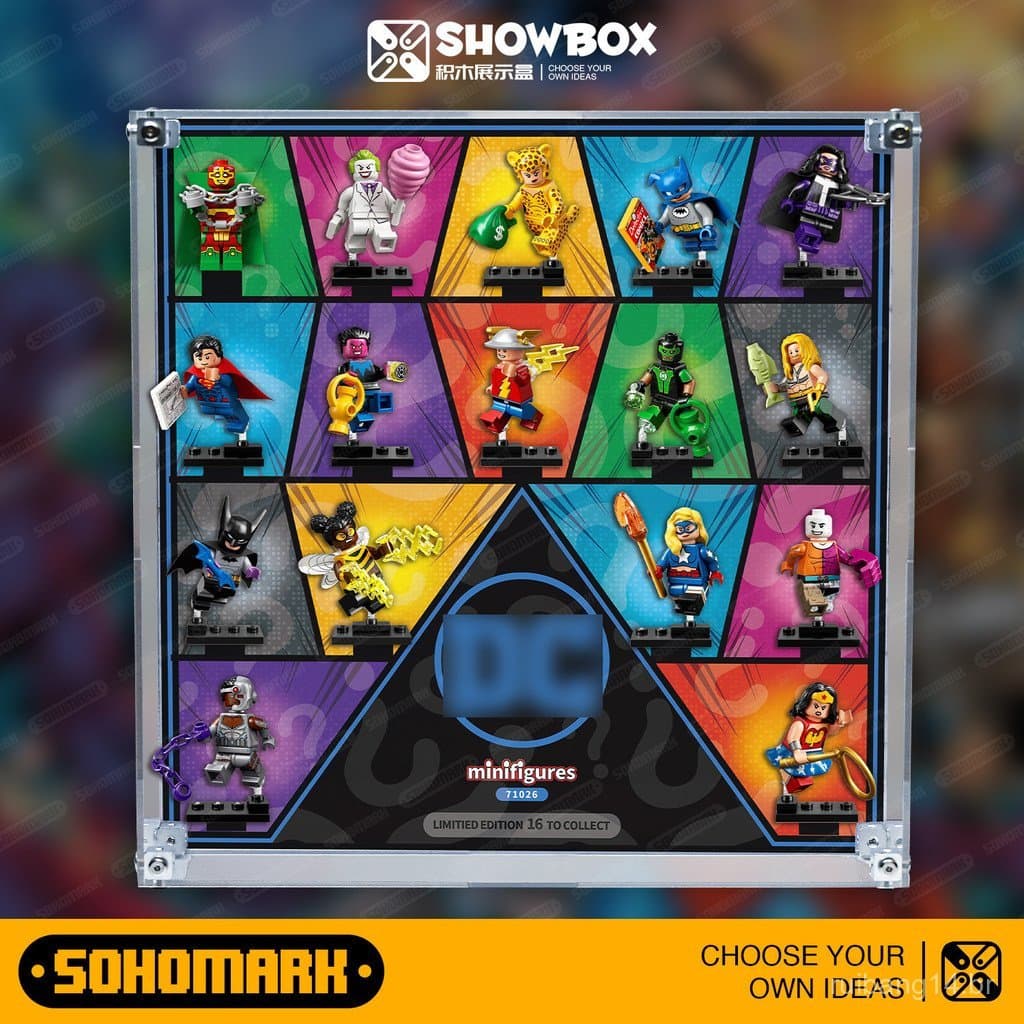 Nova caixa de exibição transparente para minifiguras SOHOMARK, compatível com blocos de montar LEGO de super-heróis DC, 