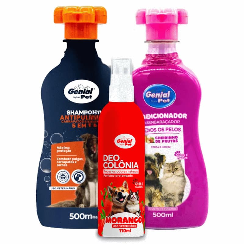 Kit Shampoo Antipulgas Condicionador e Colônia Genial Pet para Cães e Gatos