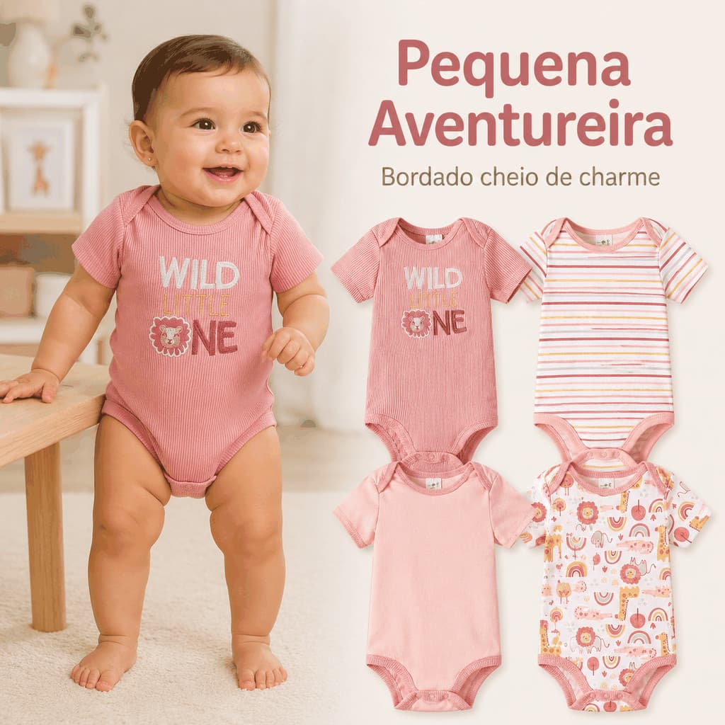 Kit Body Bebê 4 Pcs 100% Algodão Manga Curta Bodies Infantil Roupa Bebê Enxoval Recém-Nascido P M G 0 a 9 Meses