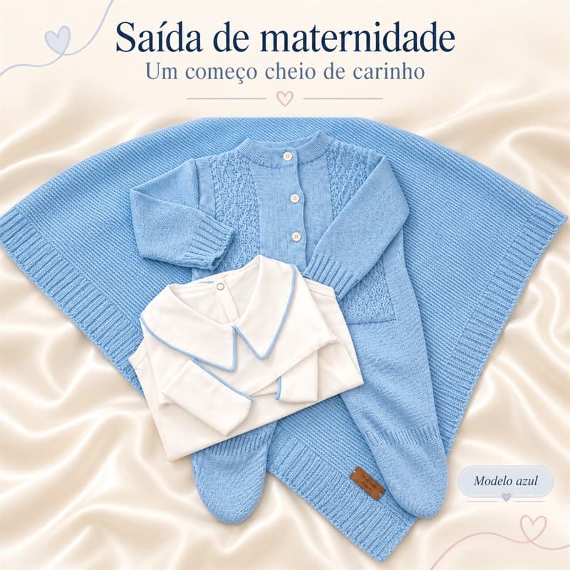 Saída Maternidade Bebê Kit 3 Peças Macacão Tricô Body e Manta Enxoval Recém-Nascido