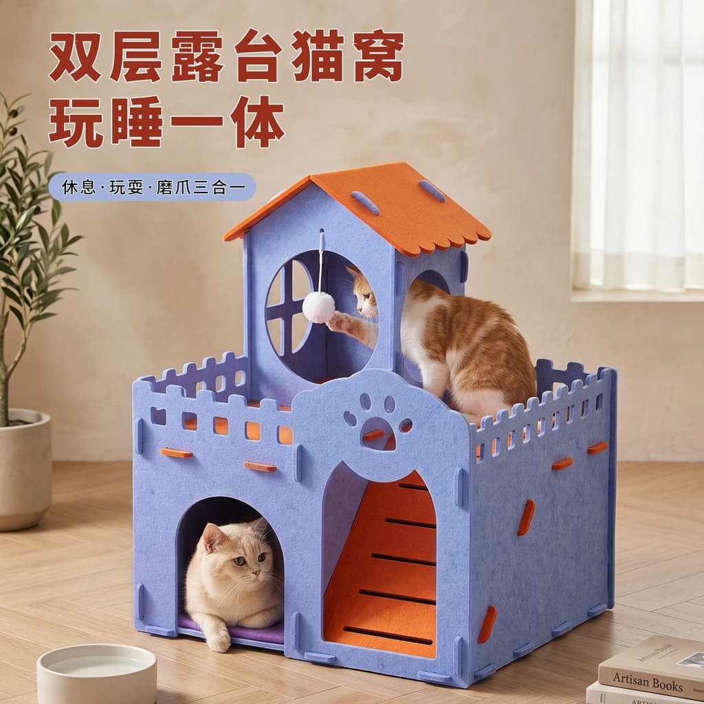 Casinha de feltro para gatos com arranhador, brinquedo para gatinhos, casinha de gatos de dois andares, casinha de gatos
