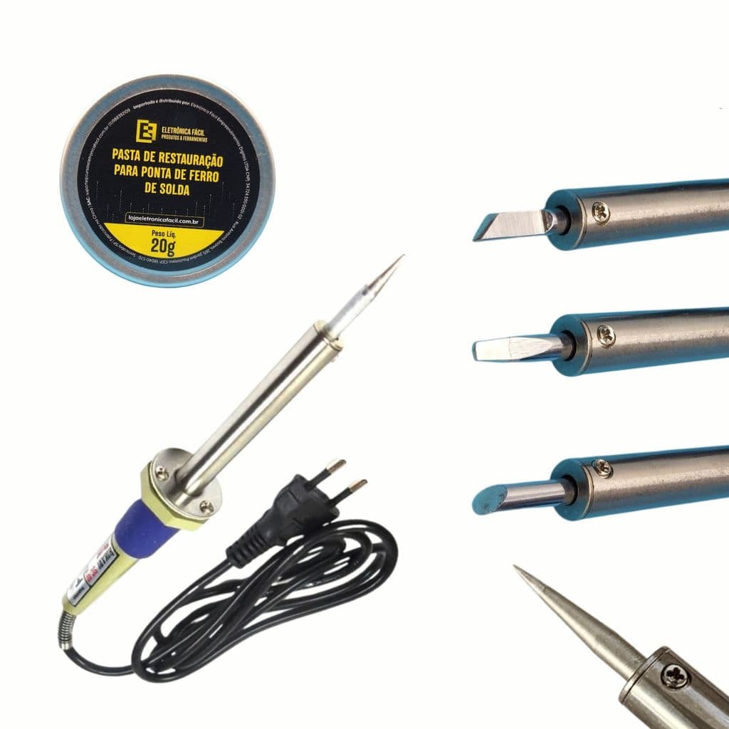 Kit soldagem completo com Ferro De Solda + pasta magica + Kit 4 pontas (Agulha/fenda/chanfrada/faca)