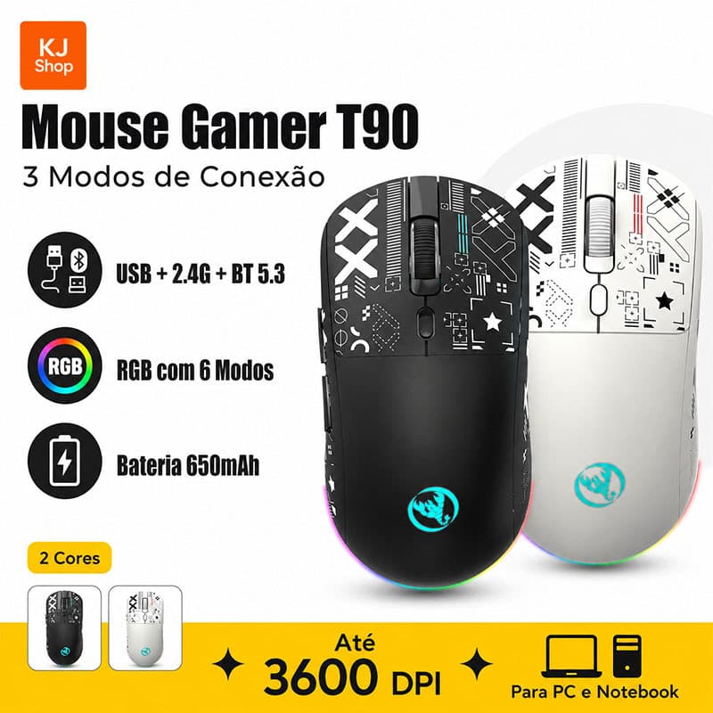 Mouse Gamer Sem Fio T90 Bluetooth BT5.3 2.4G RGB Recarregável Para PC Notebook