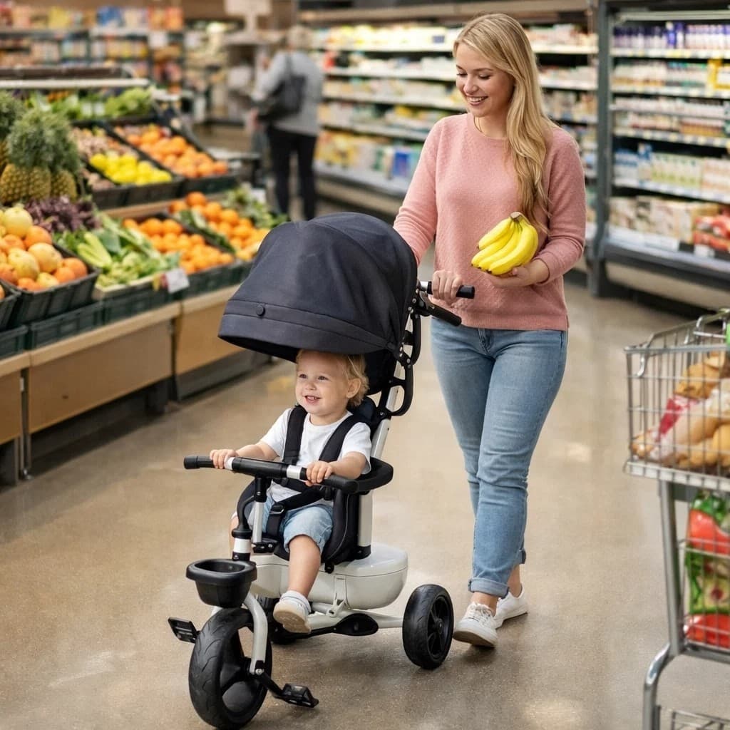 Triciclo Bebê Empurrador Cesta Proteção Sol Passeio Conforto Segurança Carrinho Menino Menina