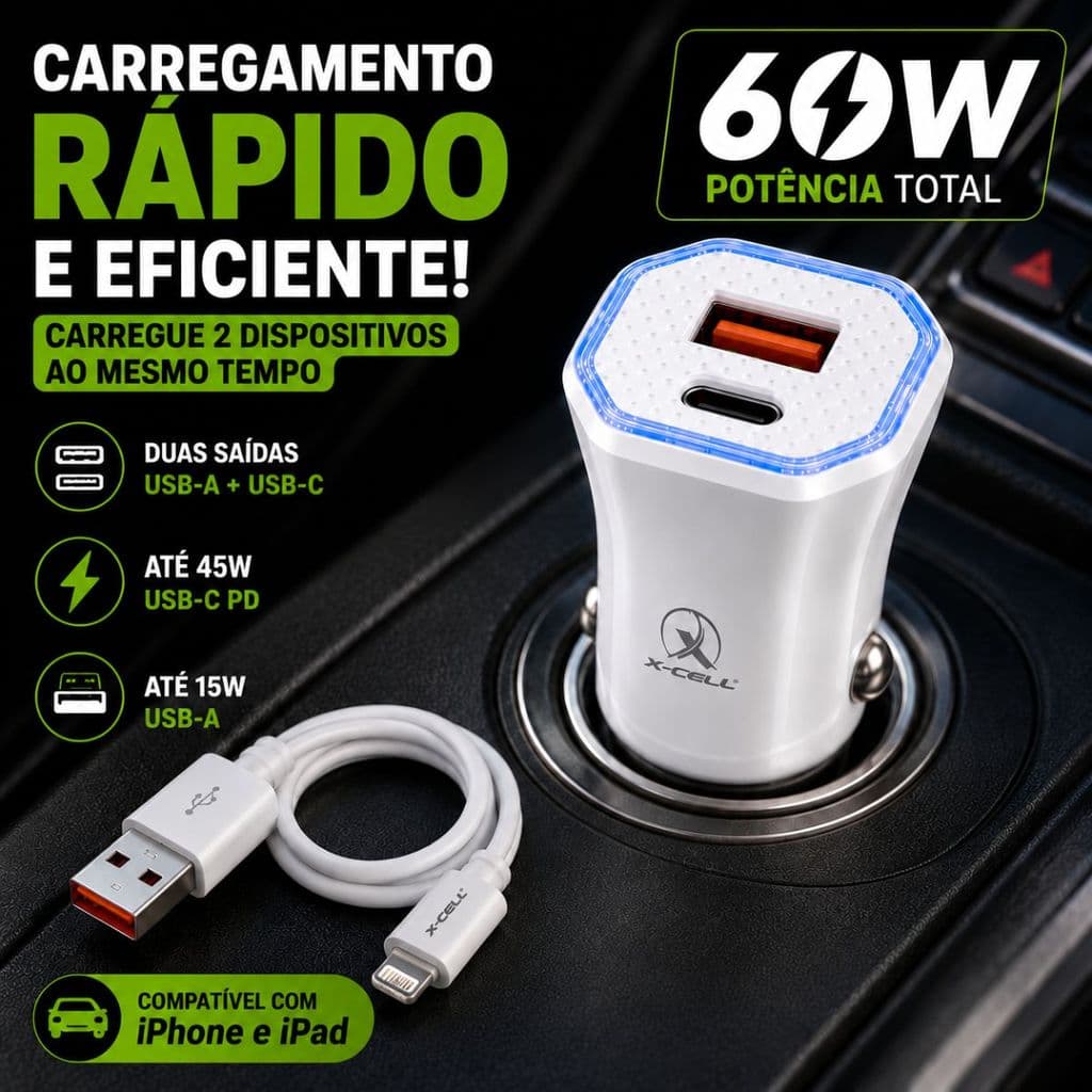 Carregador Veicular Turbo 60w Usb-c E Usb-a + Cabo Lightning Branco