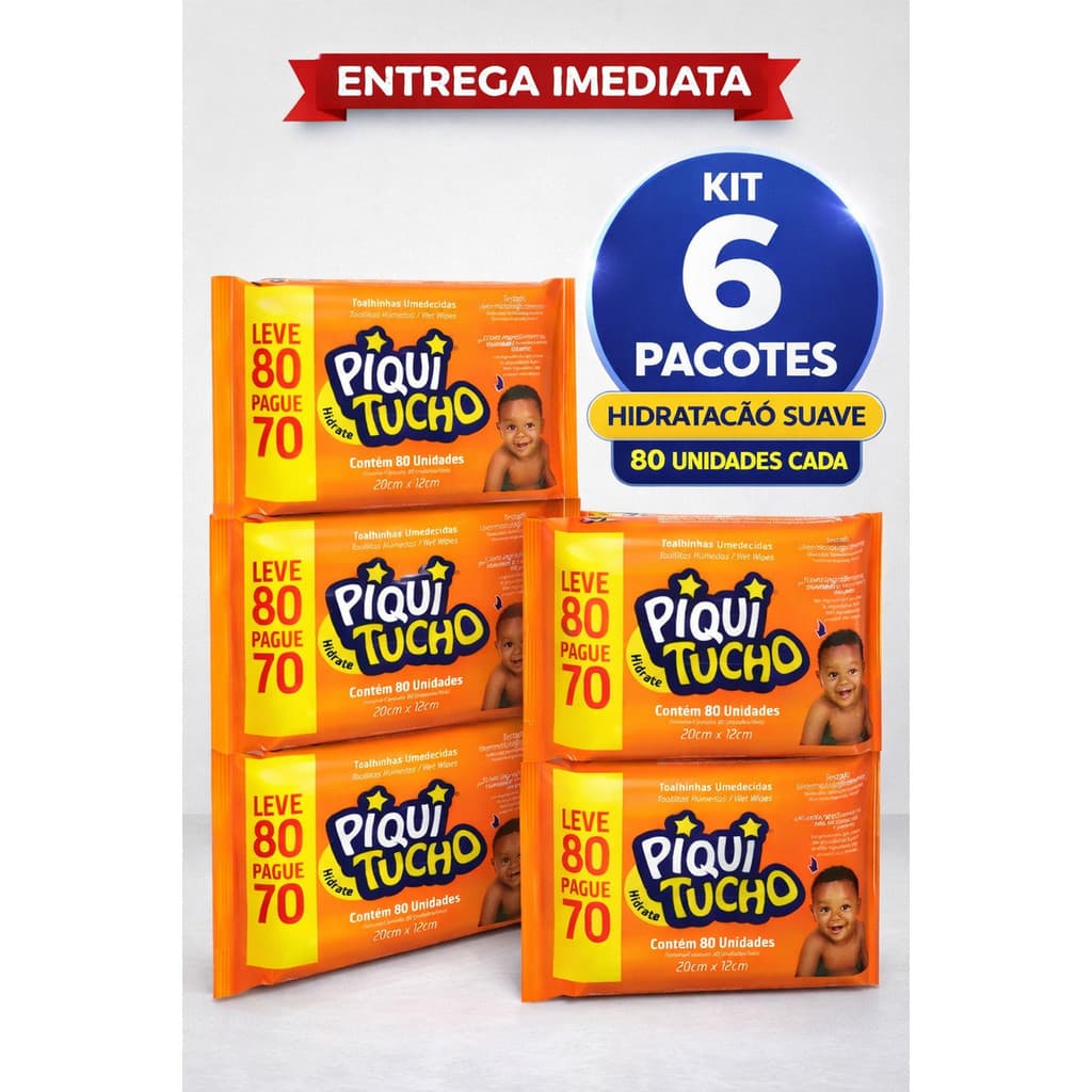 Kit Econômico 6 Lenços Umedecidos Piquitucho 80 Un – Leve 80 Pague 70