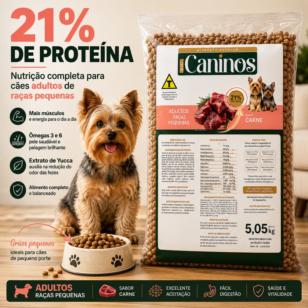 Ração Cachorro Raças Pequenas Bio Caninos Adulto Carne 23g Proteina 5kg Pinscher