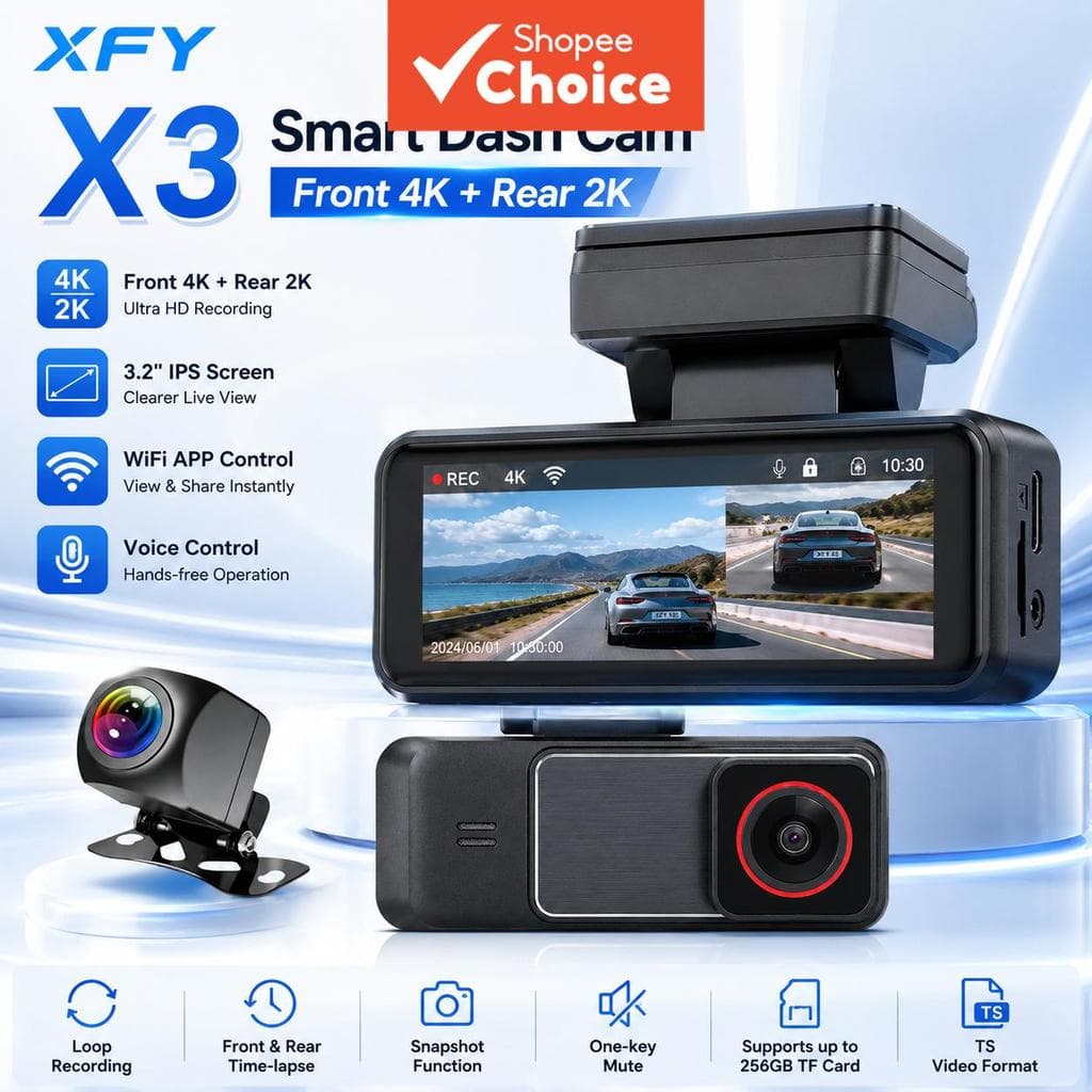 Xfy X3 Dash Cam 4k Frente 2k Traseira WIFI App Controle 3.2 Polegada Ips Tela De Voz Gravador De Câmera De Carro