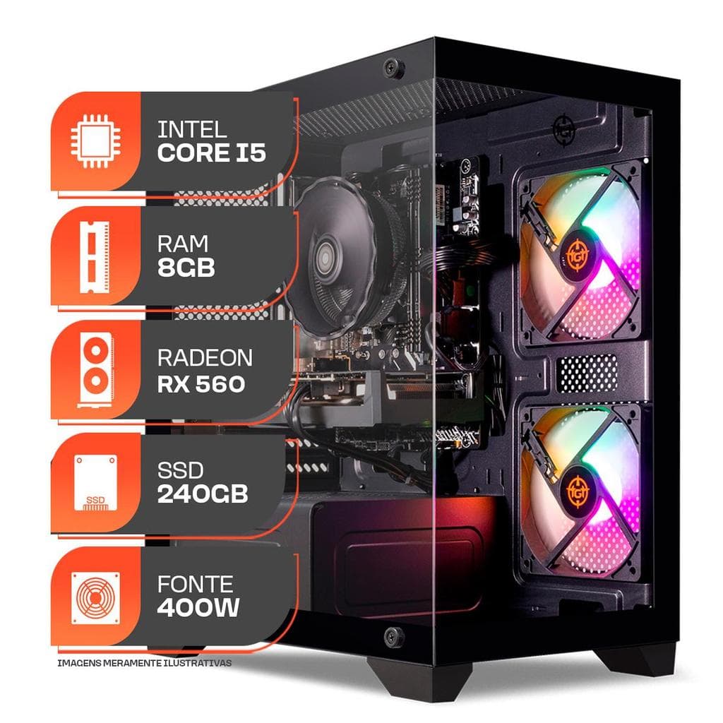 PC Gamer Forge, Intel Core i5 4ª Geração, RX 560 4GB, 8GB RAM, SSD 240GB, Fonte 400W 80 Plus