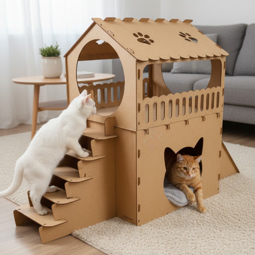 Casa Playground Para Gatos 2 Andares Com Arranhador Casinha Pet Rampa Escada Toca E Área De Descanso