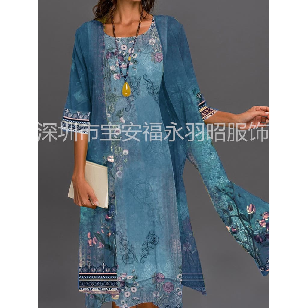 Vestido feminino de duas peças vestido esmeralda vestido de comprimento médio verde 3/4 manga comprida Floral pronto est