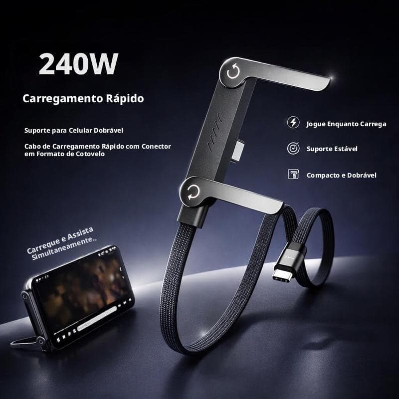 Cabo Carregador Invisível 2 em 1 240W Super Rápido Duas Pontas Type-C Preto Ideal para Carro Jogos Mag Safe Suporte Dobr