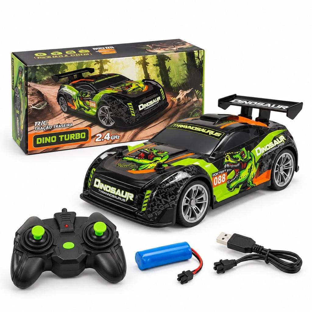Carrinho Controle Remoto Dino Tiranossauro Rex Racing 15km/h Luz Verde Música Drift 2.4GHz Recarregável Infantil LED