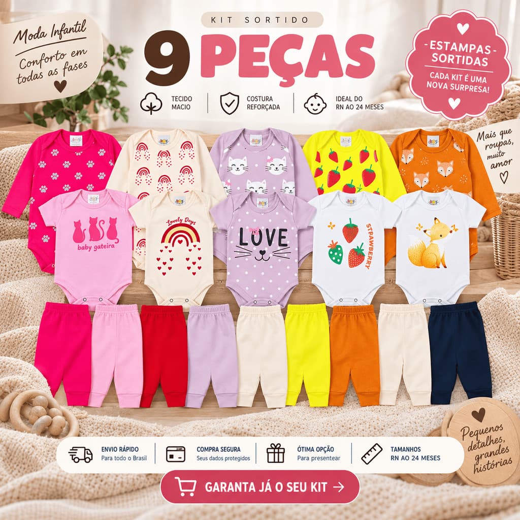 Kit Bebê Menina 9 Peças Body Longo Curto e Mijão Prático Confortável Enxoval Maternidade RN