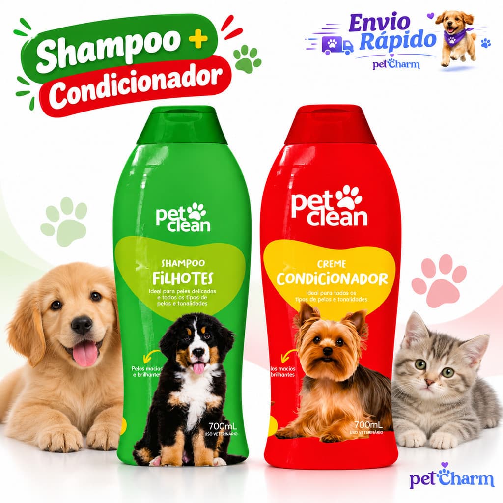 Kit Shampoo Para Filhotes Cães E Gatos + Creme Condicionador 700ml Pet Clean