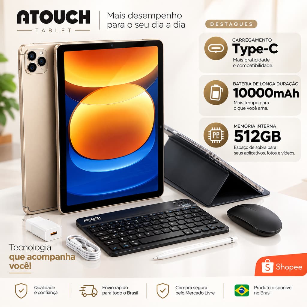 Tablet 10.1 Android 14.0 8GB Ram 512GB 10000mAh Wifi 5G Com Capa Teclado Mouse Trabalho e entretenimento Fone Caneta