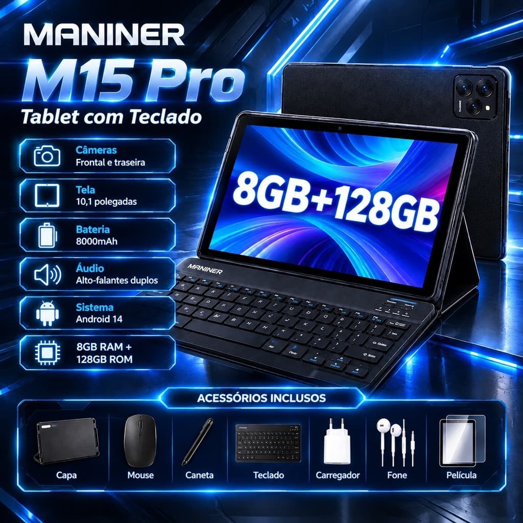 【Envio rápido】Tablet 15Pro 128GB + 8GB RAM 8000mAh Android 14 5G Dual SIM Desempenho Fluido e Rápido