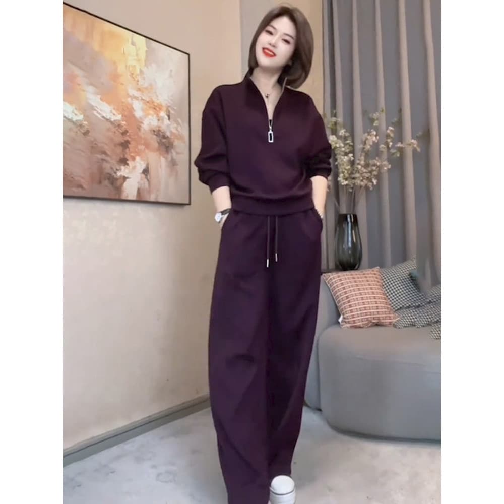 Plus Size moletom feminino um conjunto usar primavera outono 2026 venda quente redução de idade roxo lapela moletom conj