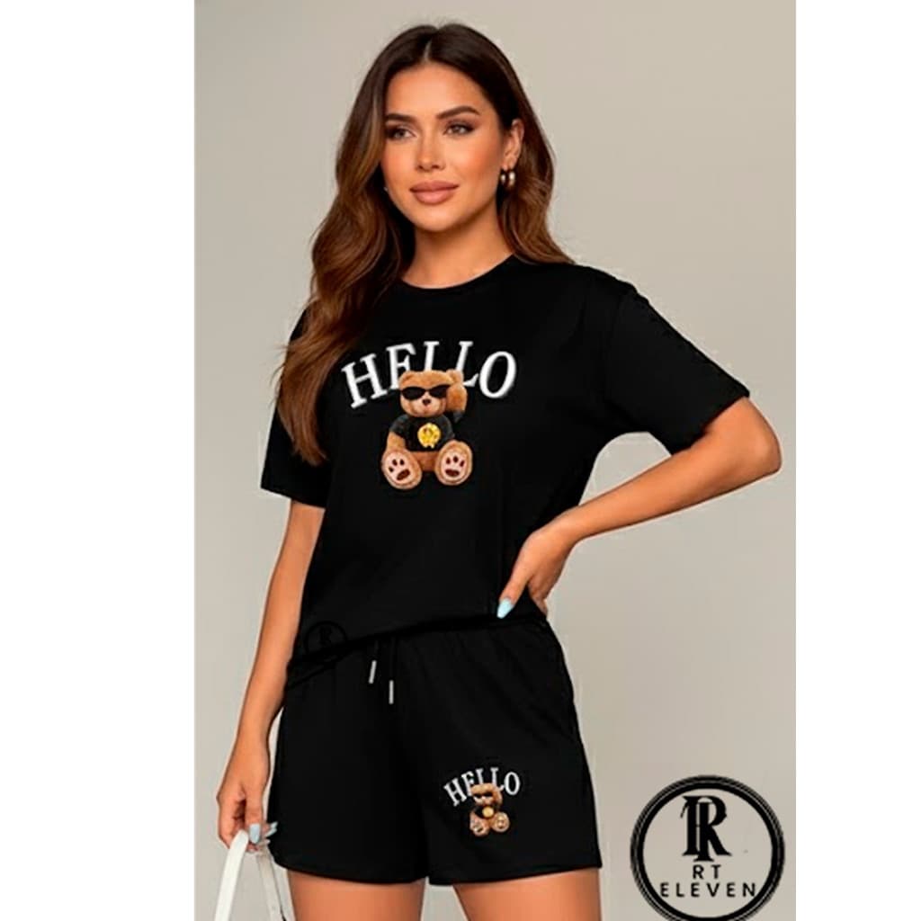 Conjunto FEMININO Urso Hello  short moletom + blusinha 100% algodão feminina camiseta e short Academia Treino Passeio