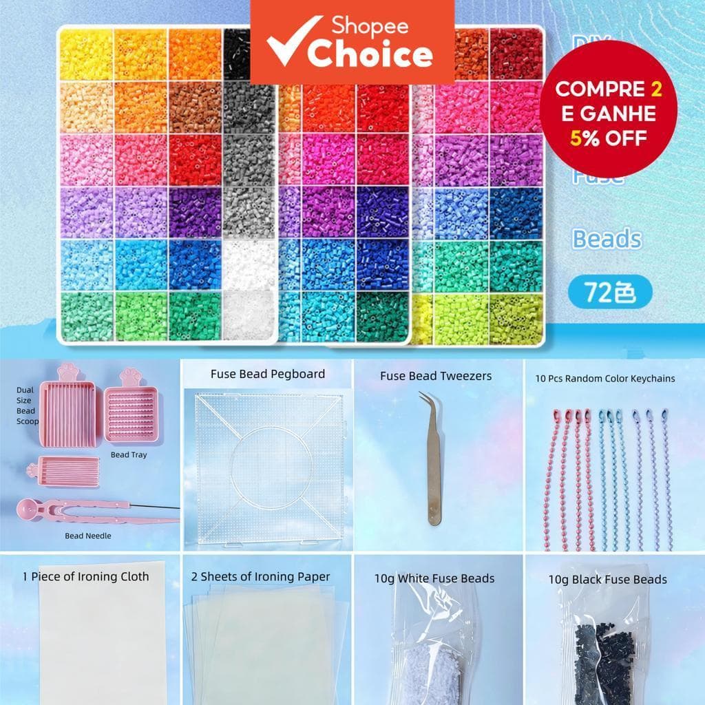  Kit de Contas Perler Criativas com 72 Cores, Ferramentas e Acessórios Completos, Conjunto de Quebra-Cabeça de Ferro