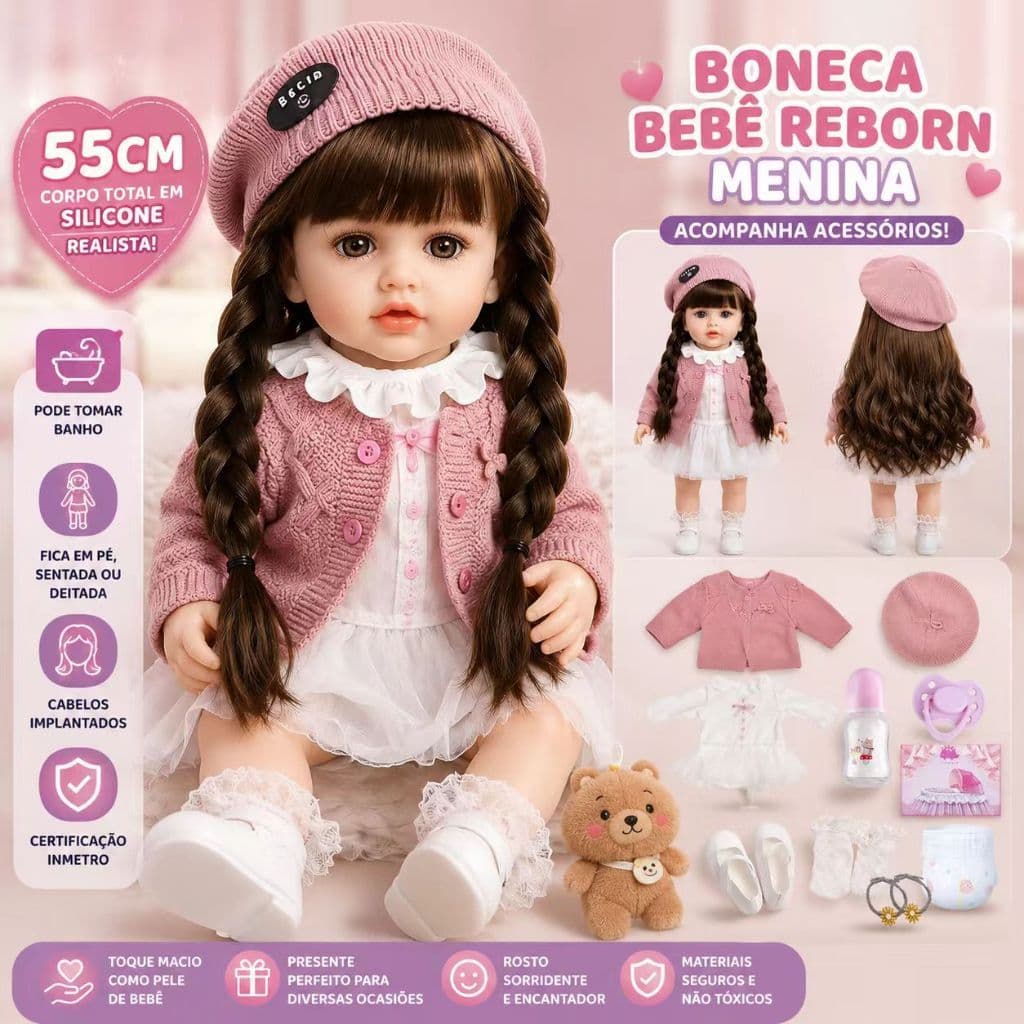 Boneca Bebê Reborn Menina 55cm Corpo Total em Silicone Articulada Realista Cabelo Implantado Lavável com Acessórios