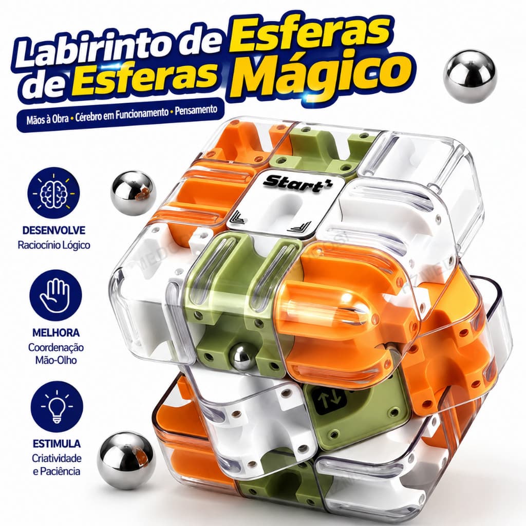 Cubo Mágico 3x3 Labirinto com Esfera - Brinquedo Educativo de Raciocínio Lógico e Anti-Stress para Crianças e Família