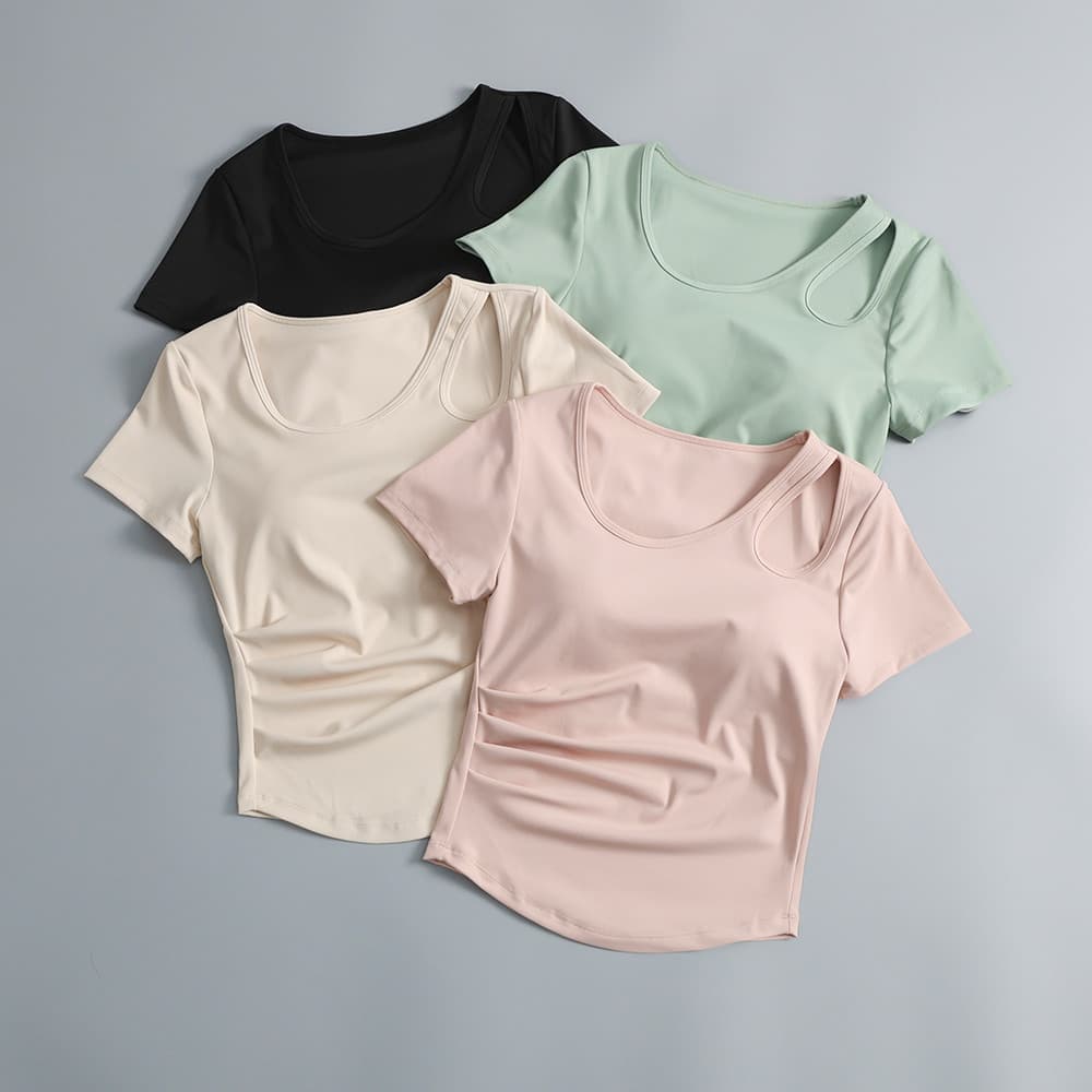Roupas de Yoga femininas 2025 primavera novo estilo com almofada no peito de manga curta esportes Fitness Pilates roupas