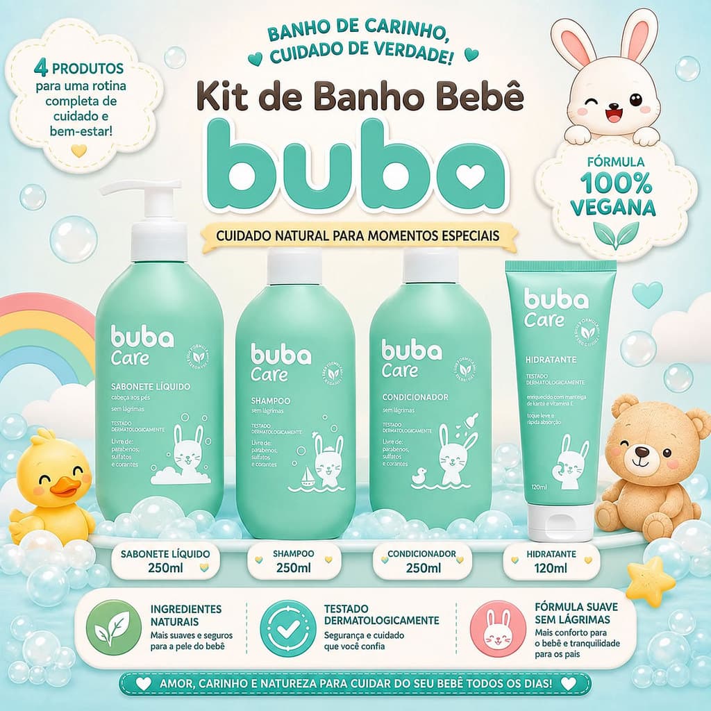 Kit Banho Bebê Buba Care Shampoo Condicionador Sabonete e Hidratante