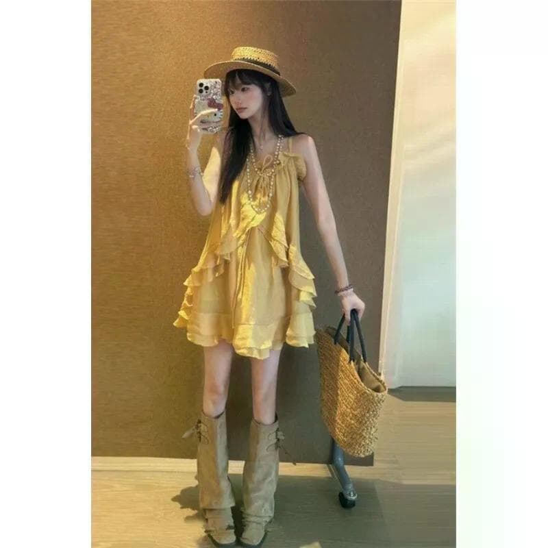 Novo estilo amarelo estilingue babados vestido feminino verão Irregular babados vestido de camisola de um ombro feminino