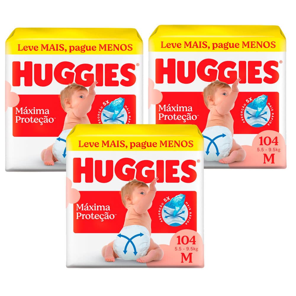Kit 3 Fralda Huggies Máxima Proteção Tamanho M 104 Unidades Descartáveis Leve Mais Por Menos